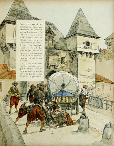 आश्चर्य चकित करता है। स्पेनियों ने 11 मार्च 1597 को एक गाड़ी के साथ हैरो को रोककर एमिएन्स शहर को ले जाने के लिए एक चाल का इस्तेमाल किया। इलस्ट्रेशन, 1907, हरमन वोगेल द्वारा द्वारा हरमन वोगेल