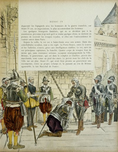 22 मार्च 1594 को पेरिस में प्रवेश करने से पहले कोसे ब्रिसैक (कोसे-ब्रिसैक) (1562-1621 या 1626) के चार्ल्स द्वितीय ने हेनरी चतुर्थ (1553-1610) द्वारा फ्रांस के मारेचल को बनाया। शहर की चाबियां। चित्रण १९०७ द्वारा हरमन वोगेल