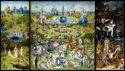 ""सांसारिक प्रसन्नता का बगीचा"" बायां पैनल: आदम और हव्वा का निर्माण। केंद्रीय पैनल: फलों का स्वाद चख रहे प्रेमी। दायां पैनल: नरक। जेरोम बॉश (1450-1516) के नाम से जाने जाने वाले हिरोनिमस वैन एकेन (एकेन) के ट्रिप्टिच द्वारा हिरेमस बॉश