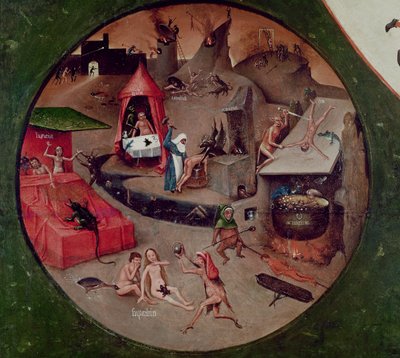 सात घातक पापों का टेबलटॉप और चार अंतिम चीजें, नर्क का विवरण, c.1480 (पैनल पर तेल) द्वारा हिरेमस बॉश