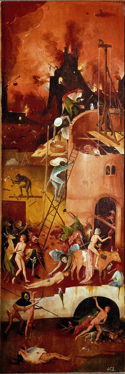 घास ट्राइप्टिक: राक्षसी निर्माण। सही आंतरिक पैनल। Hieronymus Van Aeken (Aken) dit Jerome Bosch (1450-1516) 1500-1502 Dim द्वारा लकड़ी पर पेंटिंग। 140x232 सेमी रियल मोनास्टरियो डी एल एस्कोरियल, एल एस्कोरियल, स्पेन द्वारा हिरेमस बॉश