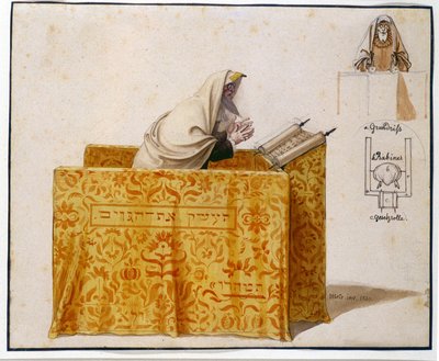 जल रंग, पंख, 27 x 33 सेमी। एक आराधनालय में रब्बी, हिरेमोनस हेस (1799 - 1850) द्वारा चित्रित, मूर्ति के लिए परियोजना। (जेएम 1190) यहूदी संग्रहालय बेसल, स्विट्जरलैंड। द्वारा हिरेमोनस हेस