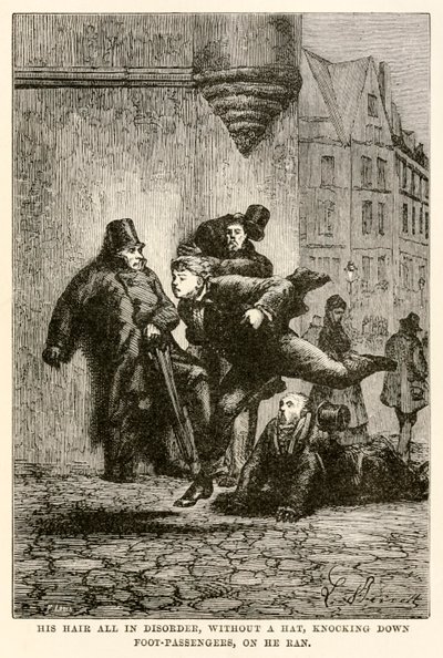 जूल्स वर्ने (1828-1905) द्वारा लुई द्वारा उकेरी गई 'अराउंड द वर्ल्ड इन अस्सी डेज़' से, बिना टोपी के, पैदल यात्रियों को नीचे गिराते हुए, उसके बाल अस्त-व्यस्त थे द्वारा हिप्पोलीटे लियोन (बाद में) बेनेट