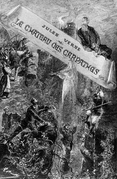 जूल्स वर्ने द्वारा &39;द कार्पेथियन कैसल&39; के लिए कवर चित्रण, 1892 में हेटज़ेल द्वारा प्रकाशित द्वारा हिप्पोलाइट लियोन बेनेट