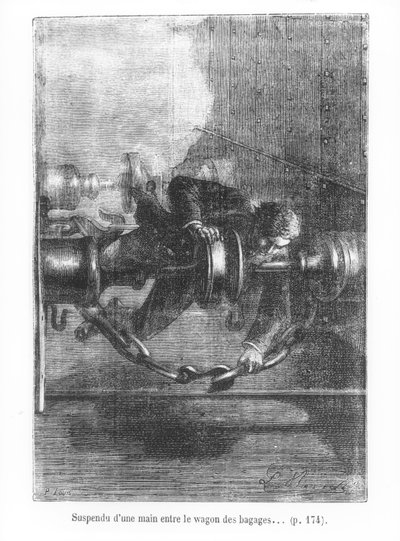 बैगेज कार के बीच एक हाथ से लटका, जूल्स वर्ने (1828-1905) द्वारा पी। लुईस, 1873 द्वारा उत्कीर्ण &39;अस्सी के दशक में दुनिया का चित्रण&39; द्वारा हिप्पोलाइट लियोन बेनेट