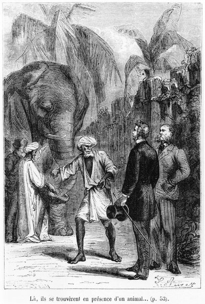 फिलिस फॉग एक हाथी के सामने, जूल्स वर्ने (1828-1905) 19 वीं सदी के अंत में &39;अस्सी के दशक में दुनिया भर के चित्र&39; द्वारा हिप्पोलाइट लियोन बेनेट
