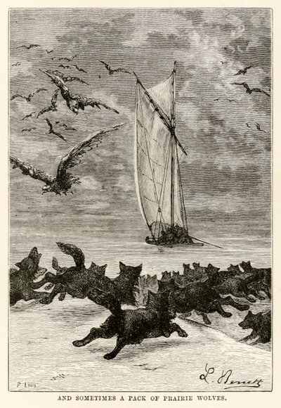 और कभी-कभी लुईस, 1873 द्वारा उत्कीर्ण जूलस वर्ने (1828-1905) द्वारा अस्सी दिनों में दुनिया भर से प्रैरी भेड़ियों का एक पैकेट द्वारा बेनेट के बाद हिप्पोलाइट लियोन