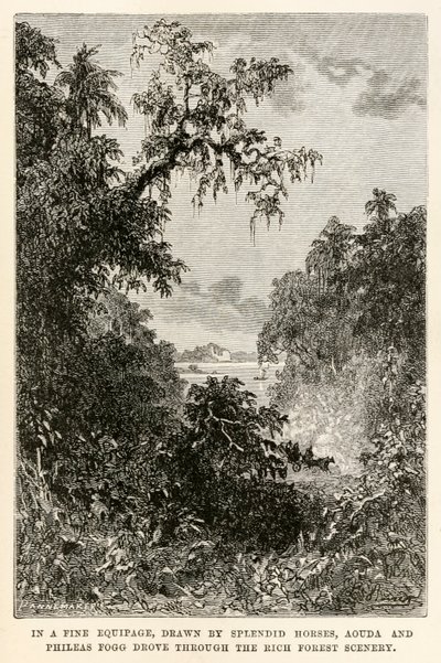 शानदार घोड़ों द्वारा तैयार किए गए एक बढ़िया साज-सज्जा में, लाउड फॉरेस द्वारा (1828-1905) जूडे वर्ने (1828-1905) द्वारा अस्सी के दिनों में दुनिया भर के समृद्ध जंगल के दृश्यों के माध्यम से, आउडा और फिलास फॉग ने आकर्षित किया। द्वारा बेनेट के बाद हिप्पोलाइट लियोन