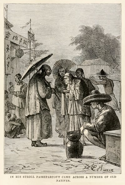 उनके घुमक्कड़ में पससेपार्टआउट में जूल्स वर्ने (1828-1905) द्वारा अस्सी के दिनों में दुनिया भर के कई पुराने मूल निवासी, एडोल्फ फ्रैंकोइस पनेमेकर (1822-1900), 1873 द्वारा उकेरा गया द्वारा बेनेट के बाद हिप्पोलाइट लियोन