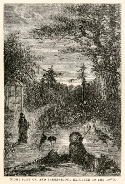 रात आ गई, और जूसे वर्ने (1828-1905) द्वारा लुसी प्रीवोस्ट, 1873 द्वारा लिखित अस्सी डेज में दुनिया भर से पास्सेपार्टआउट शहर लौट आए। द्वारा बेनेट के बाद हिप्पोलाइट लियोन