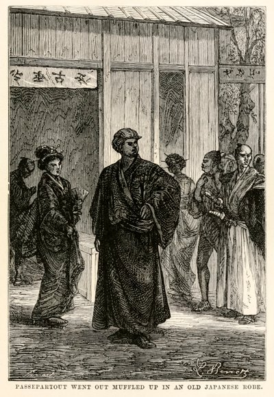पाससेपार्टआउट जूल्स वर्ने (1828-1905), लुइस प्रीवोस्ट, 1873 द्वारा उत्कीर्ण अस्सी के दिनों में दुनिया भर के एक पुराने जापानी बागे में घुसे हुए थे। द्वारा बेनेट के बाद हिप्पोलाइट लियोन