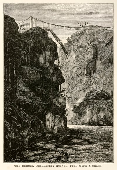 पुल, पूरी तरह से बर्बाद, एक दुर्घटना के साथ गिर गया, जूल्स वर्ने (1828-1905) द्वारा अस्सी दिनों में दुनिया भर से, लुई, 1873 द्वारा उत्कीर्ण द्वारा बेनेट के बाद हिप्पोलाइट लियोन