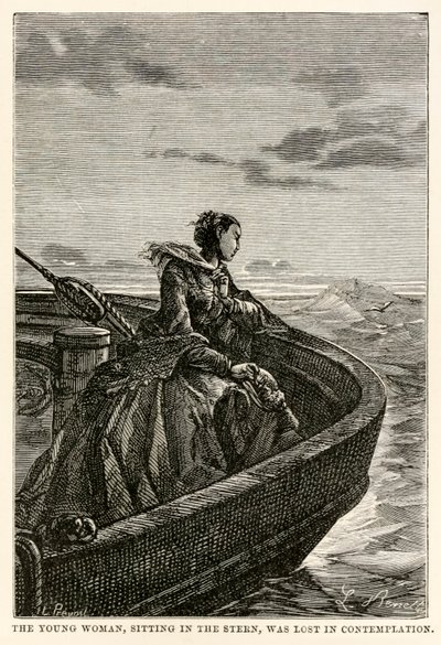 स्टर्न में बैठी युवती, जीन लुइस प्रेवोस्ट (1790-1850), 1873 द्वारा उत्कीर्ण जूल्स वर्ने (1828-1905) द्वारा अस्सी डेज में दुनिया भर से चिंतन में खो गई द्वारा बेनेट के बाद हिप्पोलाइट लियोन