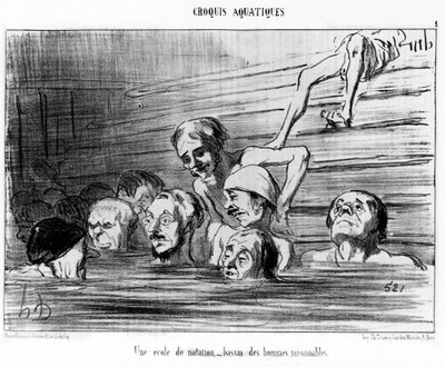 एक स्विमिंग स्कूल, वाजिब पुरुषों का एक पूल: हॉनर ड्यूमियर (1808-1879) द्वारा तैराकी पर कार्टूनों की "स्केच डी'एट" श्रृंखला से लिया गया चित्रण। "चारिवारी" द्वारा होनोरे ड्यूमियर