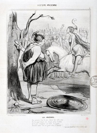होनोर ड्यूमियर द्वारा कलाकृति (1808-1879) चारिवारी 1842 से दिनांकित है: सीरी इतिहास एएनसीआई लेस अमेज़ोन्स। "" दिन की पहली आग में, अपनी कुलीन रानी के सामने, वे जोश से भरे घोड़ों को वश में करते देखे गए। और अखाड़े के बीच में युवा विजेता प्राप्त करें द्वारा होनोरे ड्यूमियर