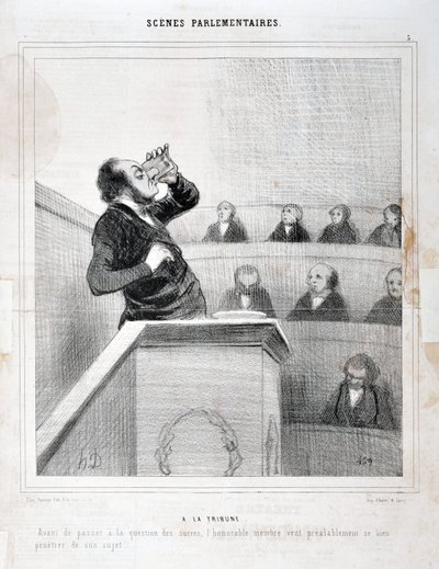 हॉनर ड्यूमियर द्वारा कलाकृति (1808-1879)। 1843 से चरिवारी की तारीखें: सीरी दृश्य संसदीय। गैलरी में - शर्करा के प्रश्न पर आगे बढ़ने से पहले, माननीय। सदस्य अपने विषय के बारे में अच्छी तरह से सोचना चाहता है"" मुसी डेस ब्यूक्स आर्ट्स - पालिस लॉन्गचैम द्वारा होनोरे ड्यूमियर
