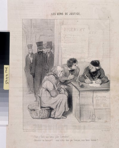 हॉनर ड्यूमियर द्वारा कलाकृति (1808-1879)। 1845 से चारिवारी की तारीखें: सेरी लेस पेन्स डे जस्टिस। "क्या आपको उसे कोमल बनाने के लिए एक पत्र लिखना है? - एक बेलीफ में भाग लेना! क्या तुम फ्रेंच नहीं हो, मेरे अच्छे आदमी?" मंद 37.5x28. समाचार पत्र ले ”” द्वारा होनोरे ड्यूमियर