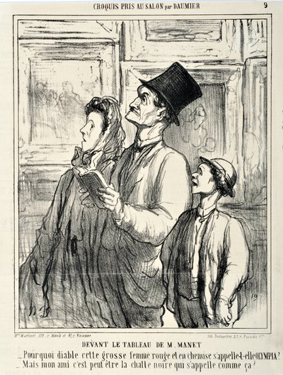 होनोर ड्यूमियर की कलाकृति (1808-1879) चारिवारी 1865 की तारीखें: सैलून में सेरी क्रुक्विस पौइट मैनेट की एक पेंटिंग के सामने "" -ओलंपिया नामक शर्ट में यह बड़ी लाल महिला क्यों है? - लेकिन मेरा दोस्त काली बिल्ली हो सकता है जिसे कहा जाता है? यूनिट द्वारा होनोरे ड्यूमियर