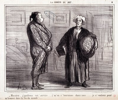 विज्ञान के बारे में कार्टून। सेरी "" 1857 के धूमकेतु पर "": "" मोसीयू, मैं आपकी सेवा छोड़ देता हूं ... "" ऑनर ड्यूमर (1808-1879) द्वारा उत्कीर्णन। 13 मार्च को समाचार पत्र "ले चारिवारी" से उद्धरण द्वारा होनोरे ड्यूमियर