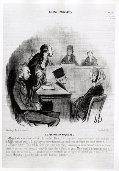 विवाह : व्यभिचार की शिकायत। इलस्ट्रेशन डी'ऑनोर ड्यूमियर (1808-1879), "" चारिवारी" में समाचार में प्रकाशित, दिनांक २० नवंबर १८४०। द्वारा होनोरे ड्यूमियर