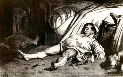 14/04/1834 को रुए ट्रांसनोनैन का नरसंहार: पेरिस में इमारत 12 रुए ट्रांसनोनैन के निवासियों के सैन्य नरसंहार ने उनके एक अधिकारी की मृत्यु के बाद इसे फिर से जेल में डाल दिया - होनोर ड्यूमियर द्वारा लिथोग्राफ (1808-1879) 1837। निजी संग्रह द्वारा होनोरे ड्यूमियर