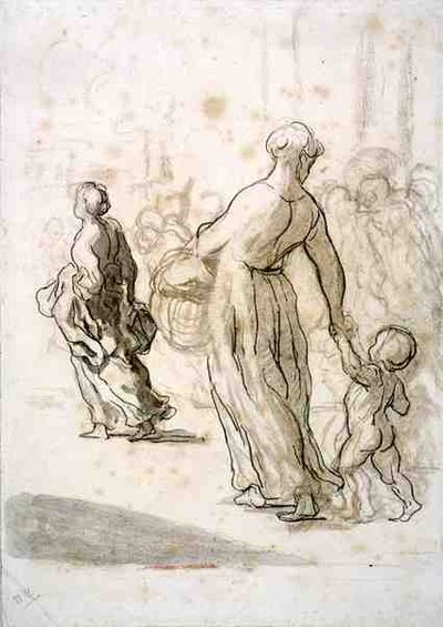 दो महिलाएं और एक बच्चा, c.1848-50 (प्राचीन कागज पर चाक, चारकोल और गौचे) द्वारा होनोरे ड्यूमियर