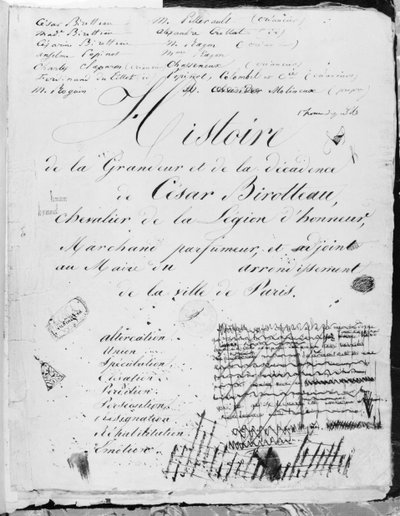 1839 का इतिहास &39;महानता और पतन का इतिहास&39; का शीर्षक पृष्ठ द्वारा होनोर डी बाल्ज़ाक