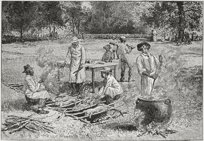 एक दक्षिणी बारबेक्यू, &39;हार्पर का वीकली&39;, 1887 का चित्रण, राल्फ हेनरी गेब्रियल, 1926 द्वारा &39;द पेजेंट ऑफ अमेरिका, वॉल्यूम 3&39; से। द्वारा होरेस ब्रैडली
