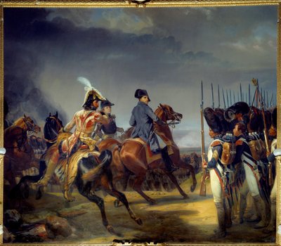 14/10/1806 को इना की लड़ाई, सम्राट नेपोलियन I (1769-1821), जोआचिम मूरत और लुई अलेक्जेंड्रे (लुई-अलेक्जेंड्रे) बर्थियर ने गार्ड समीक्षा पास की एमिल डिट होरेस वर्नेट (1789-1863) 1836 डिम 4 द्वारा पेंटिंग, 65x5,43 वर्ग मीटर द्वारा एमिल जीन होरेस वर्नेट