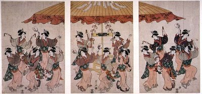 सुमियोशी डांस, ट्रिप्टिच, c.1791 (रंगीन वुडब्लॉक प्रिंट) द्वारा होसोदा ईसीआई