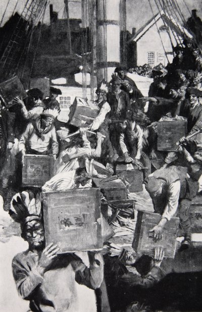 बोस्टन टी पार्टी, हार्पर की पत्रिका, 1901 से चित्रण द्वारा हावर्ड पाइल
