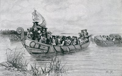 कैडमिल की लैंडिंग, एडमंड किर्के, पब द्वारा &39;द सिटी ऑफ द स्ट्रेट&39; से चित्रण हार्पर की पत्रिका में, 1886 द्वारा हावर्ड पाइल