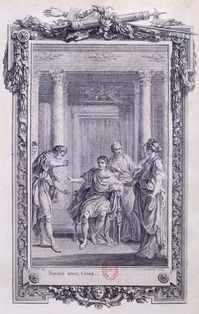 सिन्ना या द क्लेमेंसी ऑफ ऑगस्टस, पियरे कॉर्नेल द्वारा त्रासदी (1606-1684), ग्रेवलॉट द्वारा उत्कीर्णन (1699-1773) द्वारा ह्यूबर्ट फ्रेंकोइस ग्रेवेलॉट