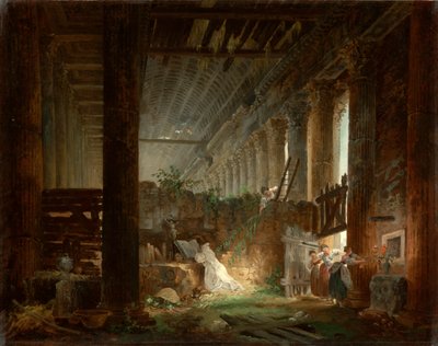 रोमन मंदिर के खंडहर में प्रार्थना करते हुए एक हर्मिट। c.1760 (कैनवास पर तेल) द्वारा ह्यूबर्ट रॉबर्ट