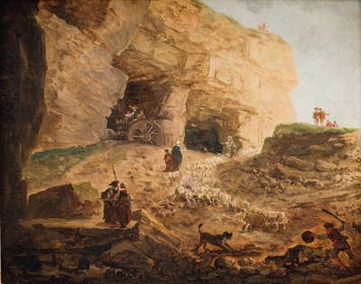 भेड़ों के झुंड के साथ एक खदान द्वारा ह्यूबर्ट रॉबर्ट