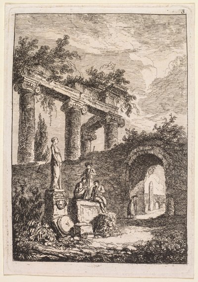 रोम में शाम: द स्टैच्यू इन फ्रंट ऑफ़ रुइंस, 1763-1764। द्वारा ह्यूबर्ट रॉबर्ट