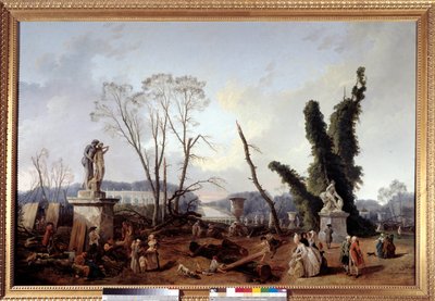 1774-1775 की सर्दियों में वर्साय के बगीचों (अग्रभूमि में, किंग लुई सोलहवें और क्वीन मैरी-एंटोनेट) में पेड़ों की कटाई के समय ले कार्पेट वर्ट। ग्रीन कार्पेट को रॉयल एली भी कहा जाता है। ह्यूबर्ट रॉबर्ट द्वारा पेंटिंग (1733-1808 .) द्वारा ह्यूबर्ट रॉबर्ट