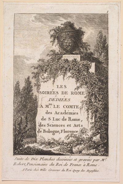 द इवनिंग ऑफ रोम: टाइटल पेज, 1763-1764। द्वारा ह्यूबर्ट रॉबर्ट