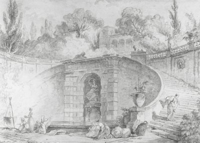 द लार्ज स्टेयरकेस, 1761-1765 (कलम और काली स्याही, ब्रश और ग्रे वॉश और पानी से रंगा हुआ काला चाक ओवर-ऑफ-व्हाइट बिछाए गए कागज, वॉटरमार्क पर हटा) द्वारा ह्यूबर्ट रॉबर्ट
