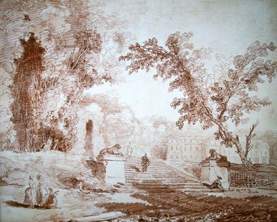 एक छत के साथ एक बगीचे का दृश्य (कागज पर लाल चाक) द्वारा ह्यूबर्ट रॉबर्ट