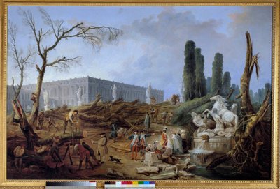 1774-1775 की सर्दियों में लॉगिंग के समय वर्साय में ग्रोव डेस बैंस डी'अपोलोन का दृश्य"" ह्यूबर्ट रॉबर्ट (1733-1808) द्वारा 18 वीं शताब्दी के सूर्य द्वारा पेंटिंग। 1,24x1,91 मी. द्वारा ह्यूबर्ट रॉबर्ट