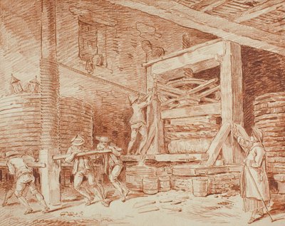 वाइन प्रेस, c.1759 (बफ रखी कागज पर लाल चाक, क्रीम रखी कार्ड पर रखी गई) द्वारा ह्यूबर्ट रॉबर्ट