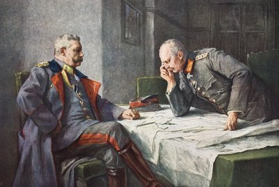 जनरल वॉन हिंडनबर्ग और क्वार्टरमास्टर जनरल एरिच वॉन लुडेन्डॉर्फ को मानचित्र तालिका में द्वारा ह्यूगो वोगेल
