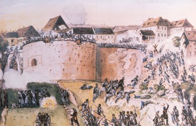 1848 की हंगेरियन क्रांति: 21 मई 1849 को ऑस्ट्रियाई सैनिकों ने बुडा कैसल पर हमला किया था (कागज पर wc) द्वारा हंगेरियन स्कूल