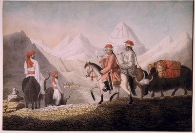 विलियम मूरक्रॉफ्ट और हर्सी मानसरोवर झील के रास्ते पर (तिब्बत) 1812 (कागज़ पर पानी के रंग से) द्वारा हैदर जंग हार्से