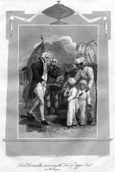 लॉर्ड कार्नवालिस 1738-1805 ने टीपू साहब के बेटों को बंधक के रूप में प्राप्त किया, 1816। द्वारा आई। ब्राउन