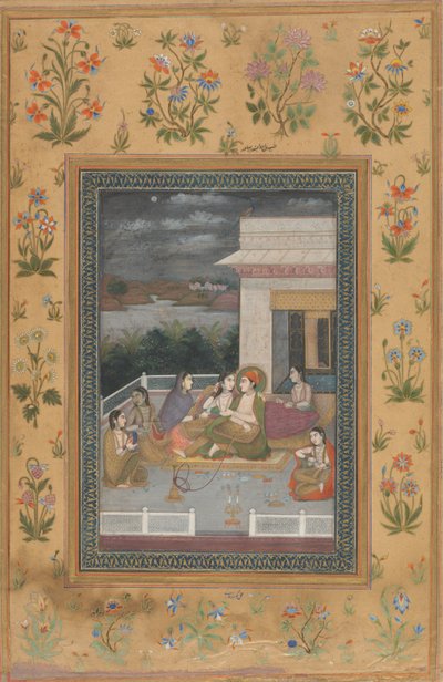 परिचारकों और संगीतकारों से घिरे छत पर एक जोड़ा द्वारा भारतीय 18वीं शताब्दी