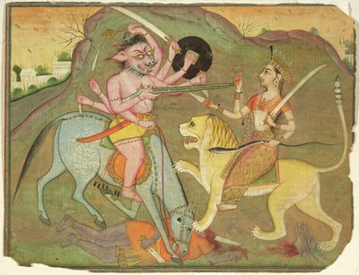47.110/174 दुर्गा महिषासुर के साथ युद्ध में, 'देवी महात्म्य' के फोलियो से, देवनागरी, उल्टा पाठ, बीकानेर, राजस्थान, राजपूत स्कूल द्वारा इंडियन स्कूल