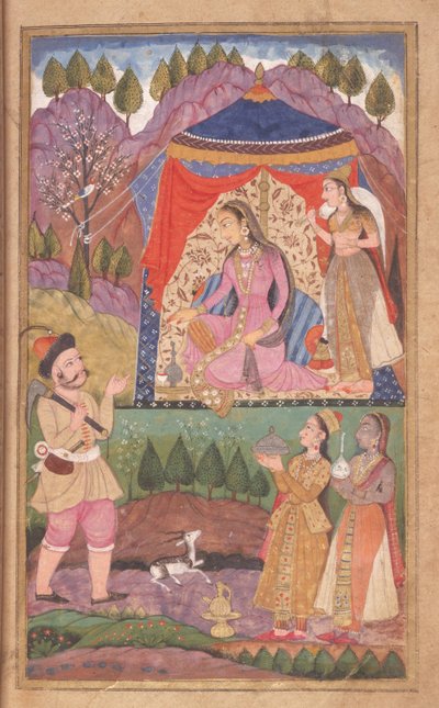 ४ Far.६२ फोलियो १३2 फरहाद ने खुसरु और शिरीन, डेस्कनी स्कूल, १ ,२२ से राजकुमारी शिरीन के लिए अपने कारनामों को सुनाया द्वारा इंडियन स्कूल