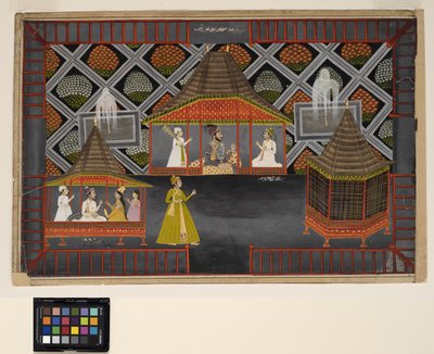 एक नवाब और उनके बेटे एक बाग़ के मंडप में, c.1770 (अपारदर्शी w - c, चांदी और कागज पर सोना) द्वारा इंडियन स्कूल